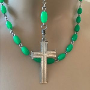 Vintage Rosary Cross Necklace Green